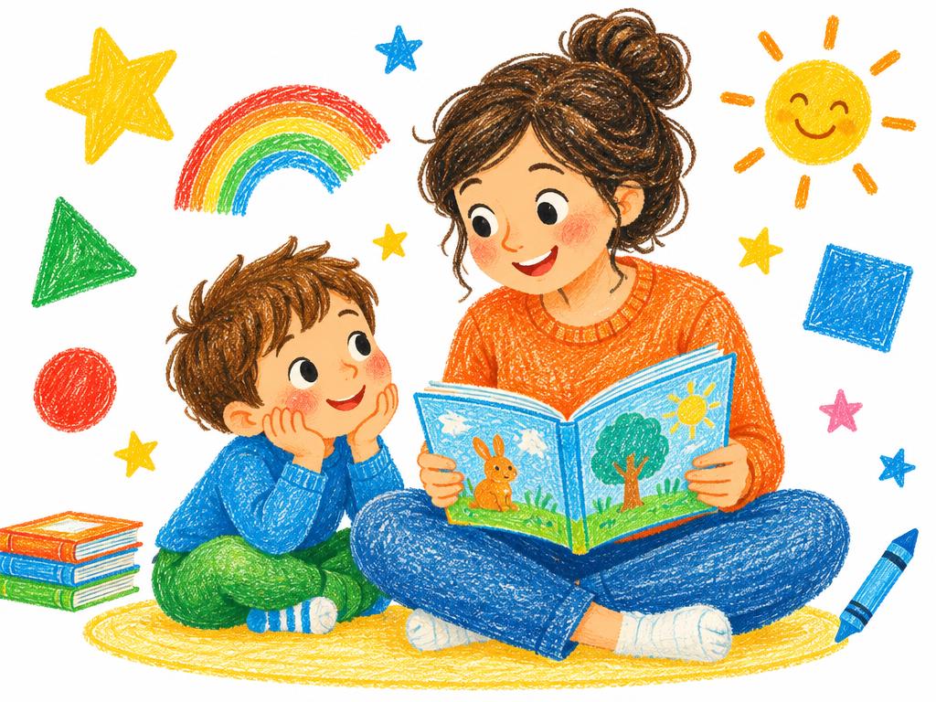 Illustration d'un adulte lisant un cahier d'activités à un jeune enfant