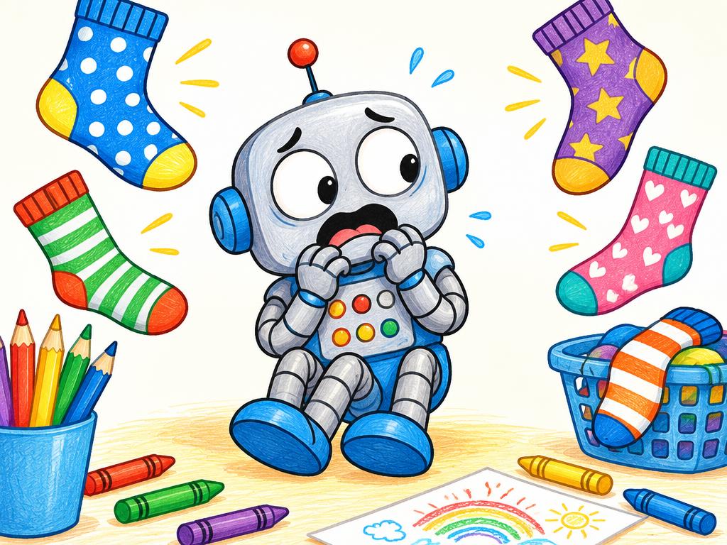 Illustration amusante d'un robot entouré de chaussettes colorées et de crayons