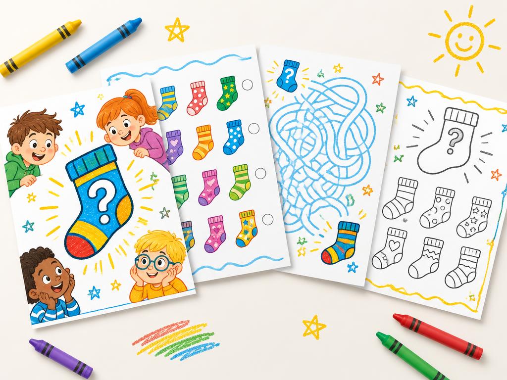 Quatre pages d'activités pour enfants sur le thème des chaussettes, avec des crayons