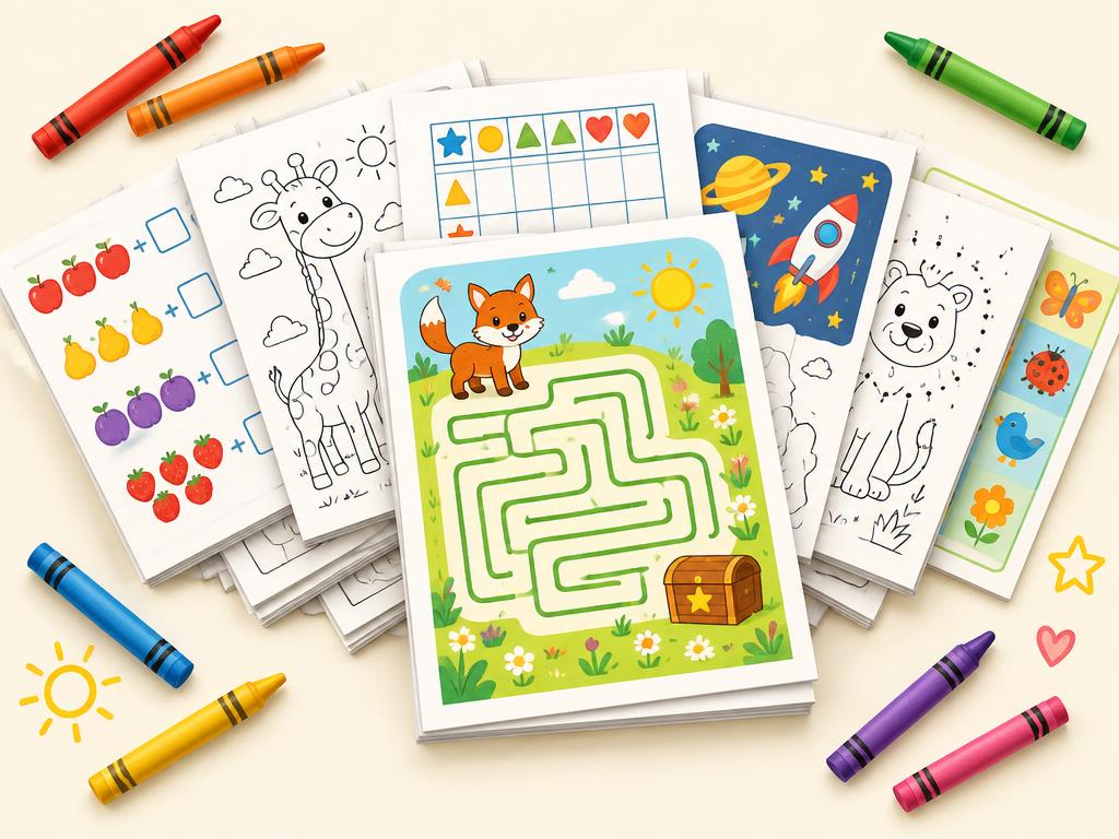 Ensemble de pages d'activités imprimées pour enfants avec des crayons de couleur