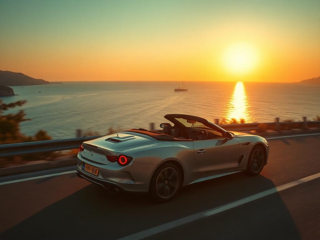 Cabriolet argenté sur une route côtière méditerranéenne au coucher du soleil