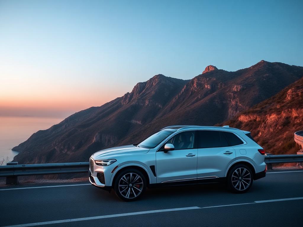 SUV blanc garé sur une route de montagne côtière à l'heure dorée