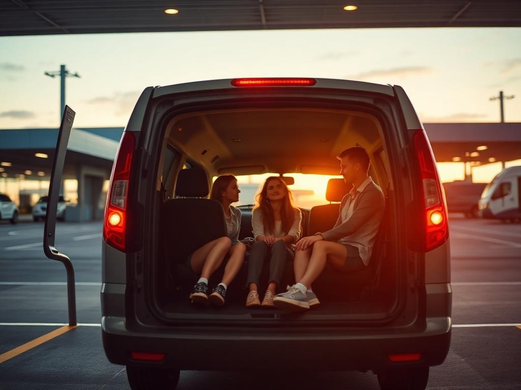 Van familial coffre ouvert sur un parking de location à l'aéroport au crépuscule