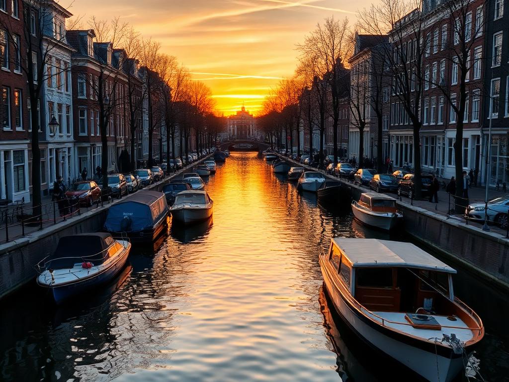 Amsterdam canal lined with historic houses and boats at sunset