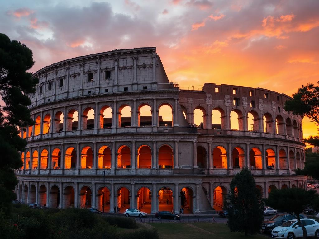 The Colosseum in Rome lit by a warm sunset sky