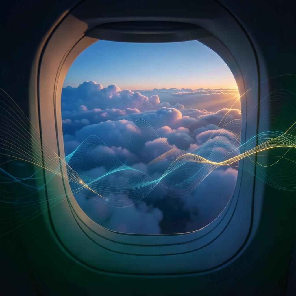 Hublot d'avion au coucher du soleil traversé d'ondes sonores
